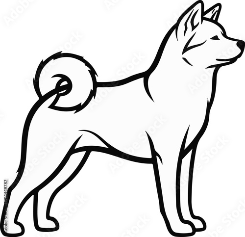 A simple black and white line drawing of a dog with a curled tail