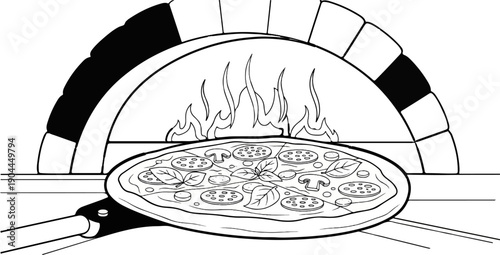 A rustic oven glows with flames, a delicious pizza slides in