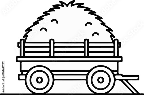 A rustic wagon filled with a large bundle of straw, depicted in a simple line drawing style