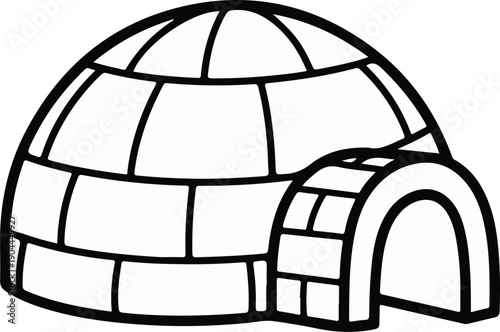 A simple black and white line drawing of an igloo, a dome-shaped dwelling made of ice blocks