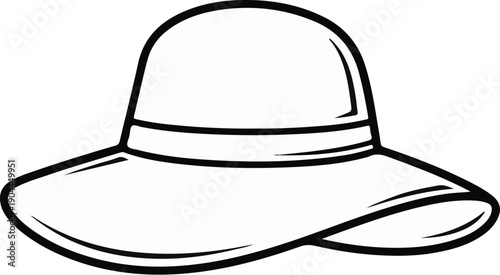 A simple line drawing of a woman's sun hat with a wide brim and a band