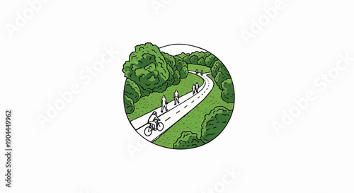 A scenic path winds through green trees, with people walking and cycling
