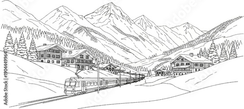 A scenic mountain valley with a train passing by chalets and pine trees