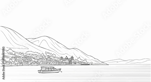 A scenic shoreline town nestled at the base of rolling hills, with a boat on the water