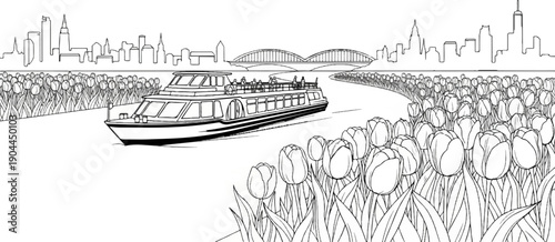 A riverboat glides past a field of tulips with a city skyline in background