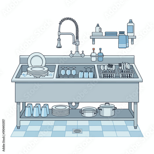 professional restaurant dishwashing station with plates, glasses and cutlery, flat vector illustration