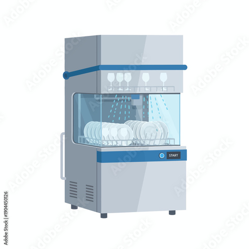 commercial industrial dishwasher machine with plates and glasses inside, flat vector illustration