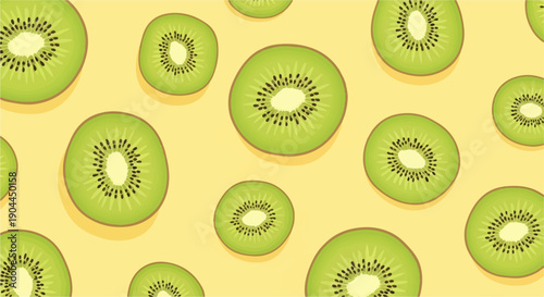 A repeating pattern of sliced kiwis on a yellow background