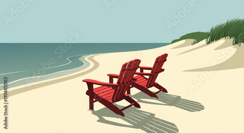Foto Serene Beach Scene with Two Red Adirondack Chairs A Vector Illustration of Tranq