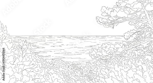 A serene coastal view framed by trees and foliage, with calm waters stretching to the horizon