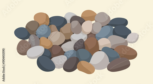 A pile of smooth, rounded pebbles in neutral tones on a cream background
