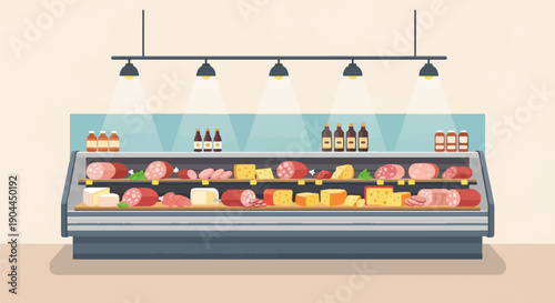 A refrigerated deli case filled with various sausages and cheeses, illuminated by overhead lights