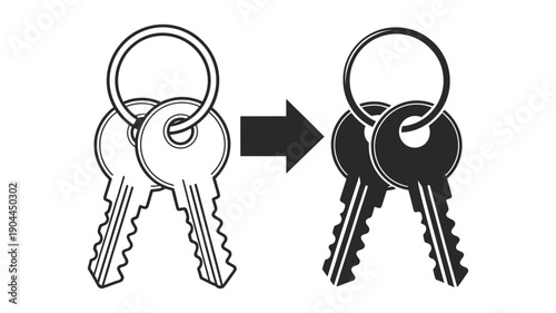 Black and white illustration of two sets of keys on rings with an arrow pointing from one to the other.