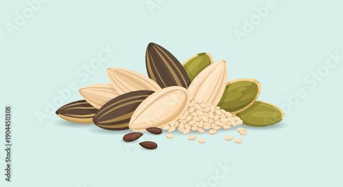 A pile of assorted edible seeds, including sunflower and pumpkin