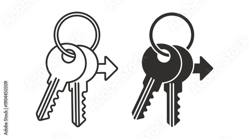 Black and white line and silhouette icons of house keys on a ring with an arrow pointing right