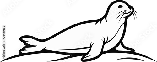 A minimalist black and white line drawing of a seal resting on a curve