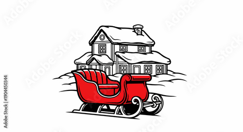 A red sleigh sits in the snow before a snow-covered house with a chimney
