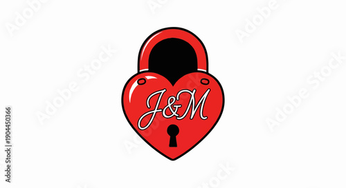 A red heart-shaped padlock with the initials J&M in white script