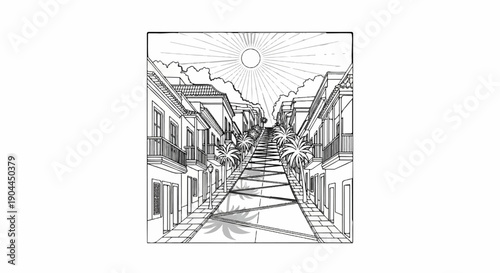 A perspective view down a sun-drenched, stepped street lined with buildings and palm trees