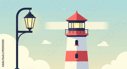A picturesque coastal scene features a tall, striped lighthouse and a streetlamp against a soft blue sky