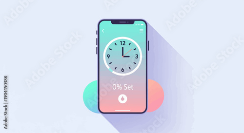 A phone displays a clock and percentage set on a gradient background with circles