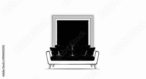 A minimalist black couch sits before a large framed black panel on a white background
