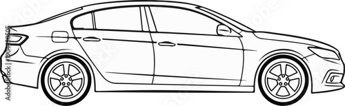 A side profile line drawing of a modern sedan car