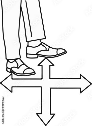 A person's legs and feet are positioned on a directional crossroads, symbolizing choice