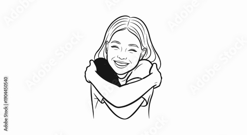A line-art illustration of a beaming young woman embracing herself with joy