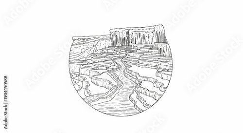 A linework illustration of cascading terraces with a winding stream