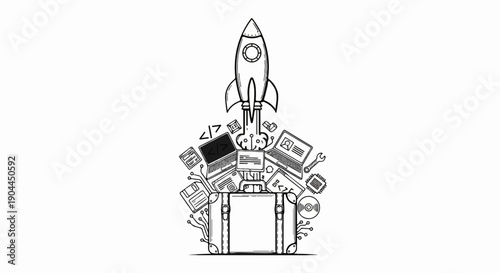 A hand-drawn rocket ascends from a suitcase overflowing with technology