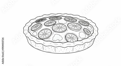 A hand-drawn illustration of a round pie with sliced fruit topping