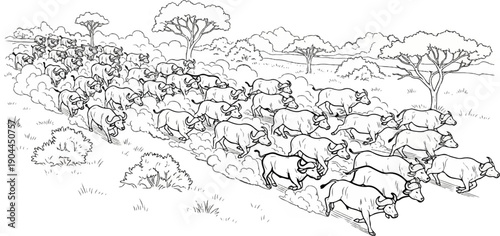 A herd of buffalo runs across a dry, grassy plain with scattered trees