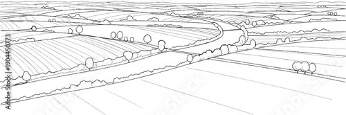 A hand-drawn, high-angle view of rolling agricultural fields with trees and hedgerows