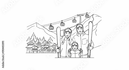 A family in ski gear smiles with skis, against a backdrop of mountains, village, and ski lifts
