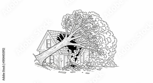 A fallen tree has crushed a small house, breaking its roof and scattering debris