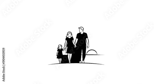 A family walks holding hands at sunset, drawn simply