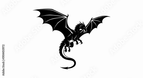 A fearsome, black dragon with outstretched wings flies dynamically