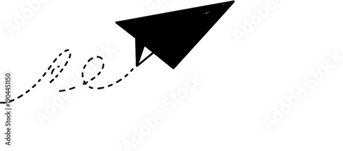 A simple black paper airplane flies, trailing a dashed line path