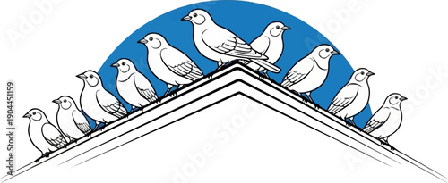 A flock of white birds perched on a roof line under a blue arch