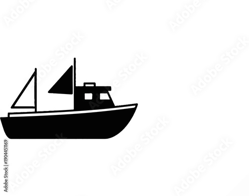 A simple black silhouette of a sailboat with a cabin