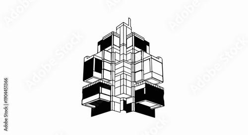 A geometric, abstract, black and white architectural drawing of a building