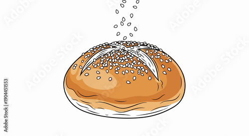 A golden-brown bun with a criss-cross pattern dusted with sesame seeds