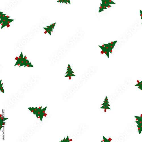 Seamless pattern green Christmas fir trees big and small with red balls on white background, vector eps 10