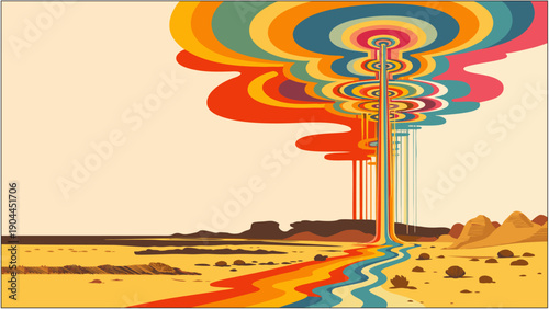 Psychedelic Abstract Color Explosion Landscape – Retro 70s Surreal Rainbow Drip Art Background Illustration