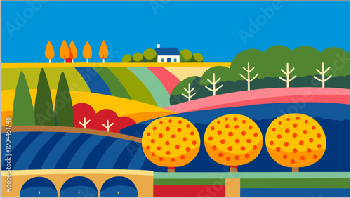 Modern Flat Landscape Illustration with Colorful Hills, Trees and Eco Village – Sustainable Nature Background for Business, Travel and Green Energy Concept