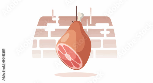 A raw, bone-in ham hock hangs from a hook against a muted brick background