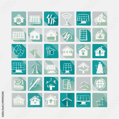 Collage of various icons representing smart city solutions, including renewable energy and technology, in a flat lay composition with a predominantly green and white color scheme against a
