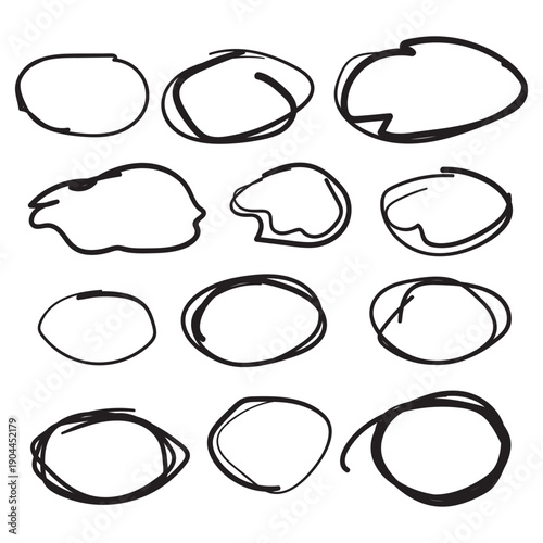 Hand drawn vector illustration of black circles shapes. Brush lines and grunge texture create a creative and expressive design set