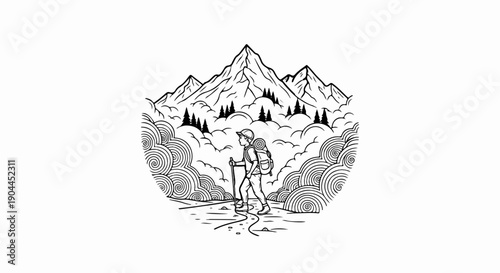 A lone hiker traverses a misty mountain path surrounded by swirling clouds and peaks
